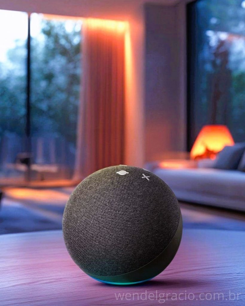 Echo DOT na cor grafite sobre uma mesa em uma sala de estar
