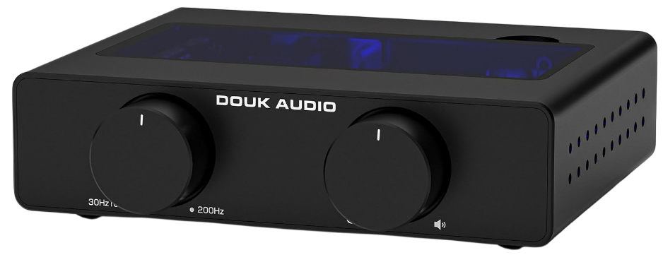 Douk Audio A5 na cor cinza grafite com dois botões giratórios na frente