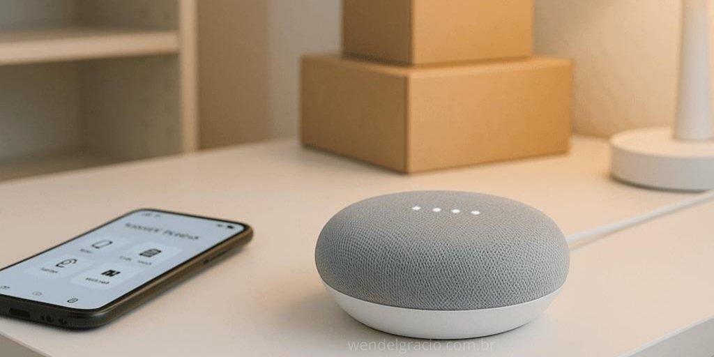 Um smart speaker google home na cor branca sobre uma mesa e um smartphone do lado esquerdo com o app google home aberto em sua tela