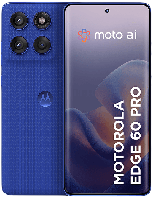 Motorola EDGE 60 pro na cor azul, vista de frente e de trás, com câmera tripla