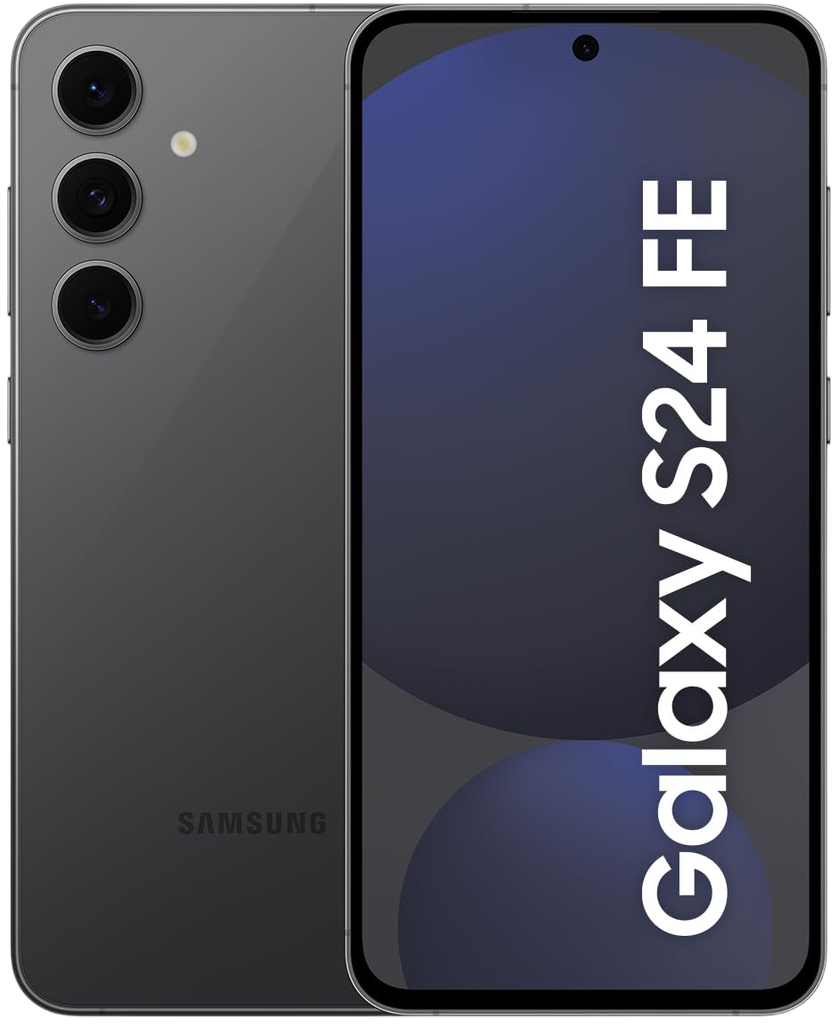 Samsung Galaxy S24 FE na cor CINZA, vista de frente e de trás, com câmera tripla