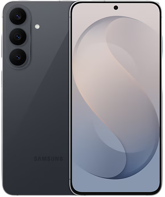 Samsung Galaxy S26 FE CINZA visto de frente e de trás, com câmera tripla traseira