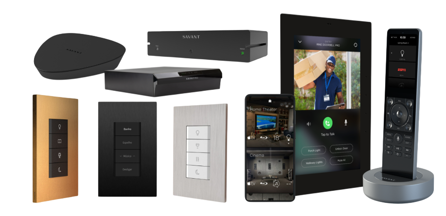 Teclados de parede em cores preta, cinza e dourado, controladoras de automação, tela touch e controle remoto para Sistema de automação residencial profissional Savant