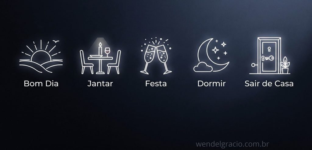 Ilustração das cenas de automação residencial: Bom Dia, Jantar, Festa, Dormir e Sair de Casa