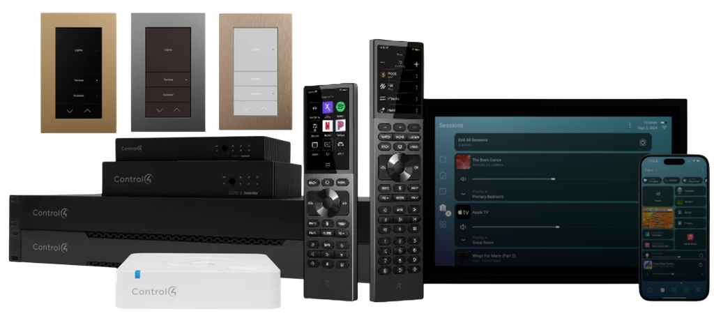 Teclados de parede em cores preta, cinza e dourado, controladoras de automação, tela touch e controle remoto para Sistema de automação residencial profissional Control4