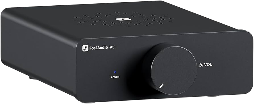 Fosi Audio V3 Mini Stereo na cor cinza com um botão goratória na frente