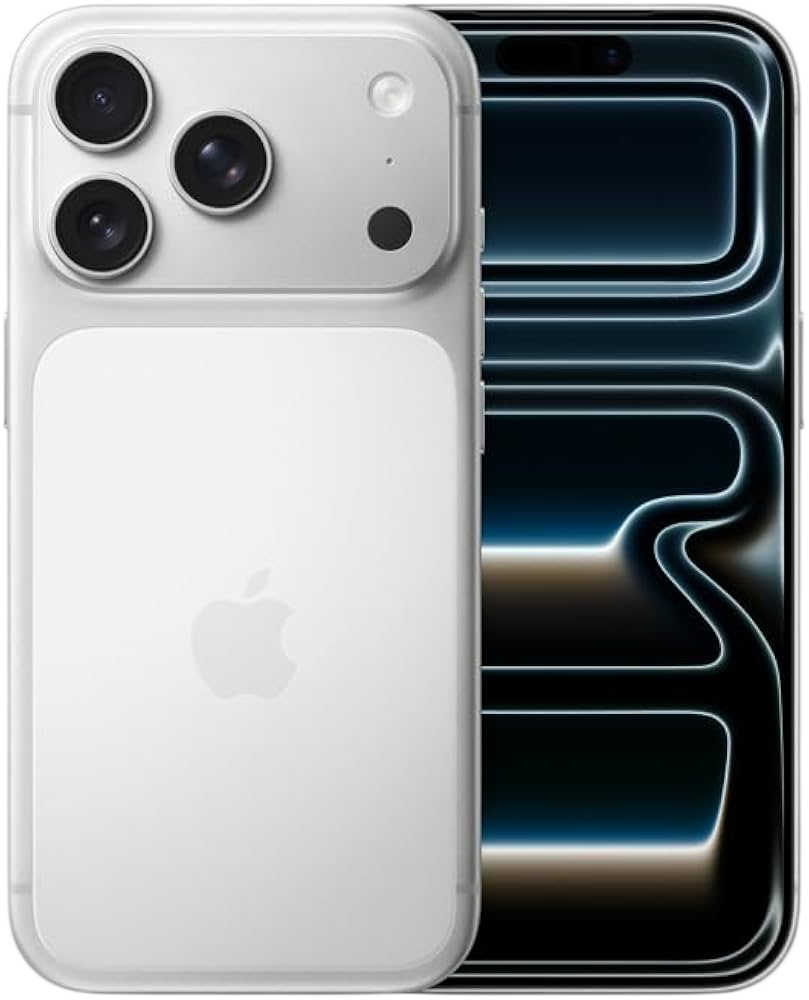 Apple Iphone 17 PRO branco visto de frente e de trás, com câmera tripla traseira