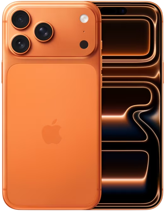 Apple Iphone 17 PRO MAX Laranja visto de frente e de trás, com câmera tripla traseira