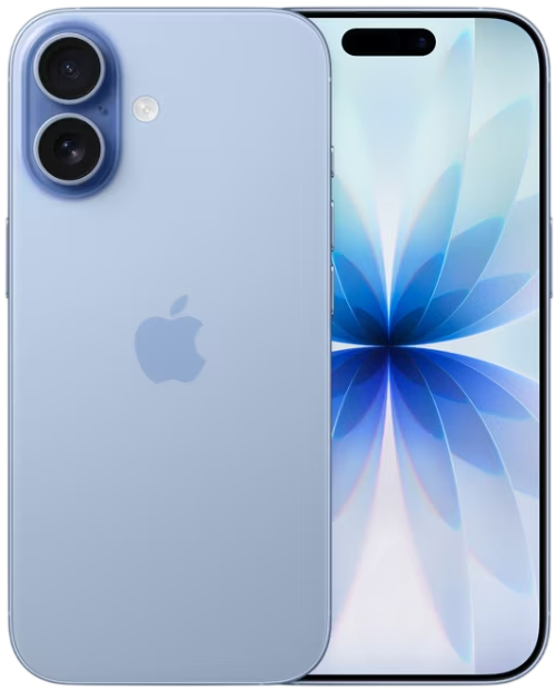 Apple Iphone 17 Azul Claro visto de frente e de trás, com câmera dupla traseira