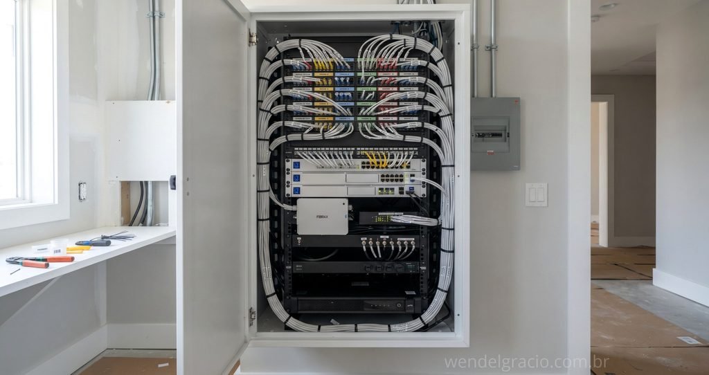 Quadro de infraestrutura e cabeamento preparado para automação residencial em imóvel de alto padrão