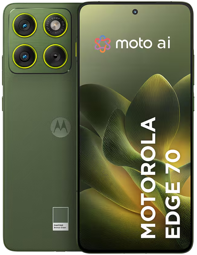 Motorola Edge 70 PRO Verde visto de frente e de trás, com câmera tripla traseira