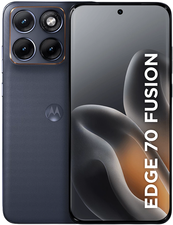 Motorola EDGE 70 FUSION na cor CINZA, vista de frente e de trás, com câmera tripla