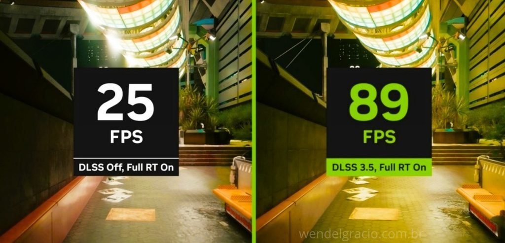 Imagem mostrando que do lado esquedo, com DLSS desligado fica com 25PFPS e do lado direito, com o DLSS ligado, chegará até 89FPS.