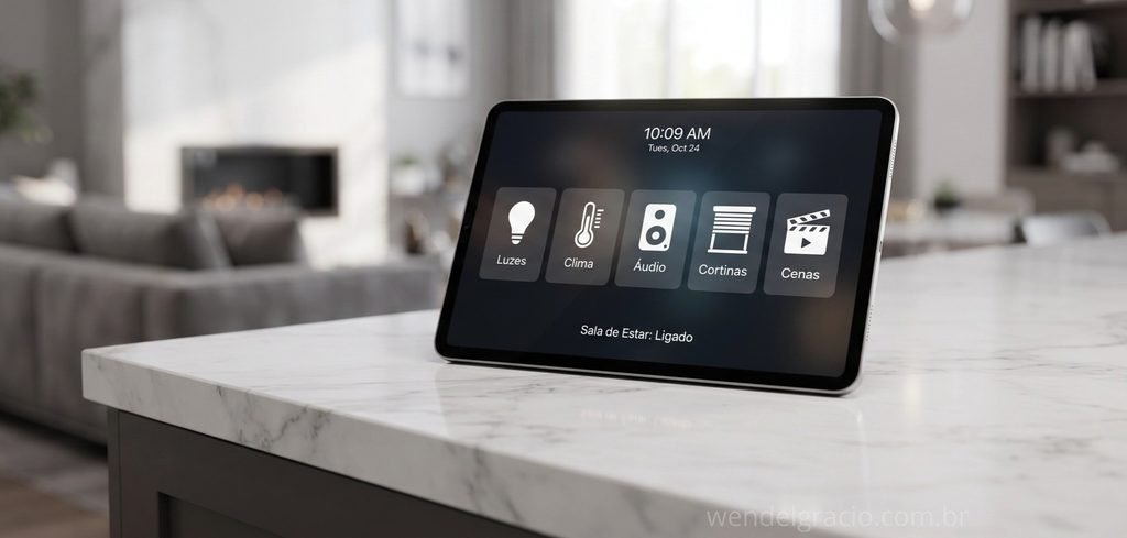 Tablet exibindo interface de controle de automação residencial com iluminação, clima, áudio e cenas