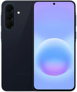 Samsung Galaxy A57 5G azul-marinho visto de frente e de trás, com câmera tripla traseira