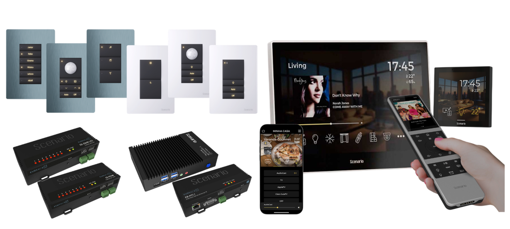 Teclados de parede em cores cinza e branco, módulos para controle de iluminação, telas touch, controle remoto interativo para Sistema de automação residencial profissional Scenario