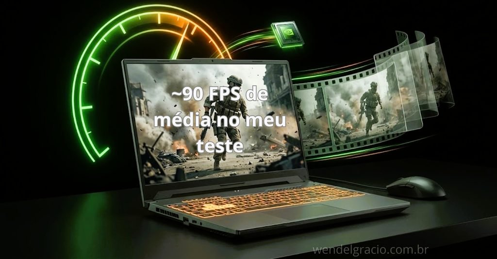 "ASUS TUF Gaming F16 2024 com teclado laranja rodando Warzone com cerca de 90 FPS de média em 1440 × 900"