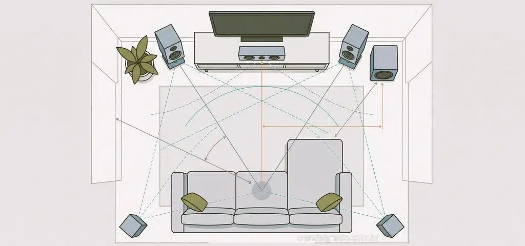 Planta baixa de sala mostrando a análise do ambiente e o posicionamento das caixas de um home theater