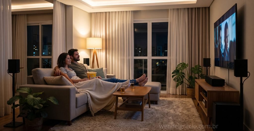 Casal assistindo filme na sala com sistema de áudio instalado
