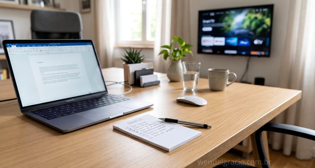 Notebook e checklist de segurança sobre a mesa antes de modificar uma Smart TV
