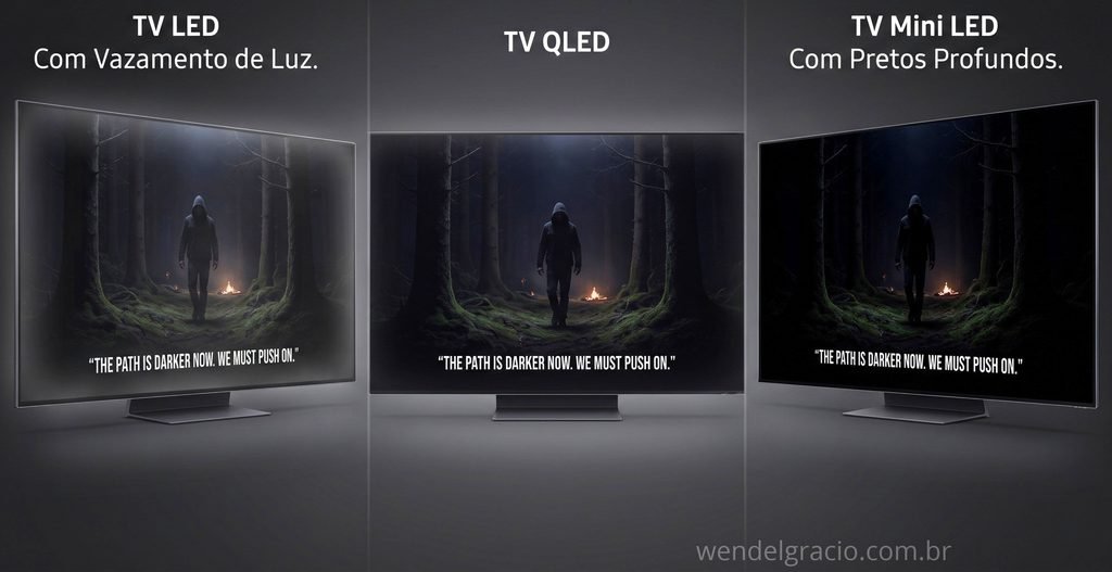 Comparação de contraste entre TV LED, QLED e Mini LED em cena escura
