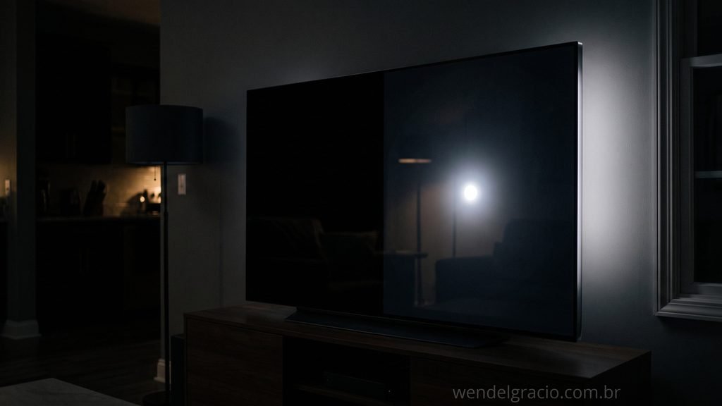 Contraste de preto em tela OLED comparado ao efeito blooming em TV Mini-LED"
Observação: como este ponto é sobre um defeito real, fotografar você mesmo uma tela com cena escura e legenda branca daria mais credibilidade. Se usar imagem de IA, deixe claro que é ilustrativa