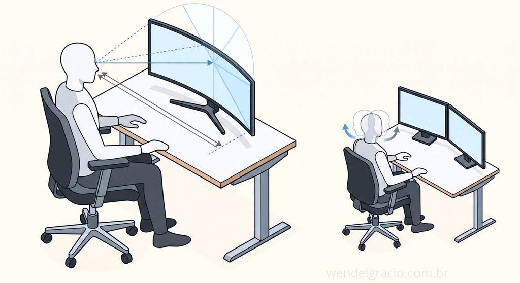 lustração de postura e distância ideal para trabalhar com monitor ultrawide e com dois monitores