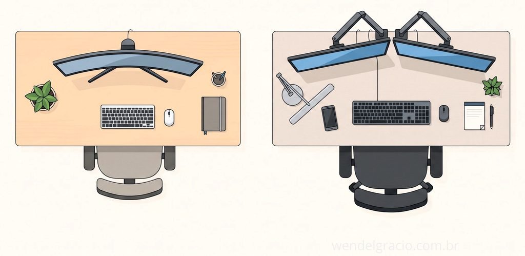 Comparação do espaço ocupado na mesa por um monitor ultrawide e por dois monitores de 27 polegadas