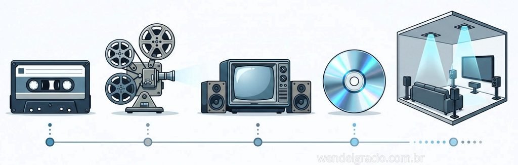 Linha do tempo da evolução do som, da fita cassete e do cinema até o home theater com Dolby Atmos