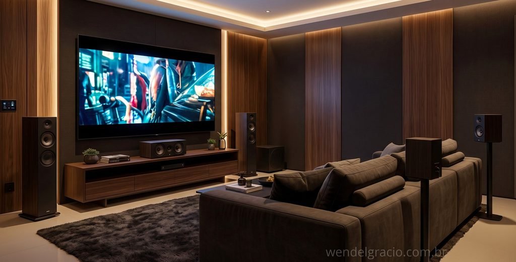 Sala de home theater com caixa central, frontais, surround e subwoofer distribuídos pelo ambiente