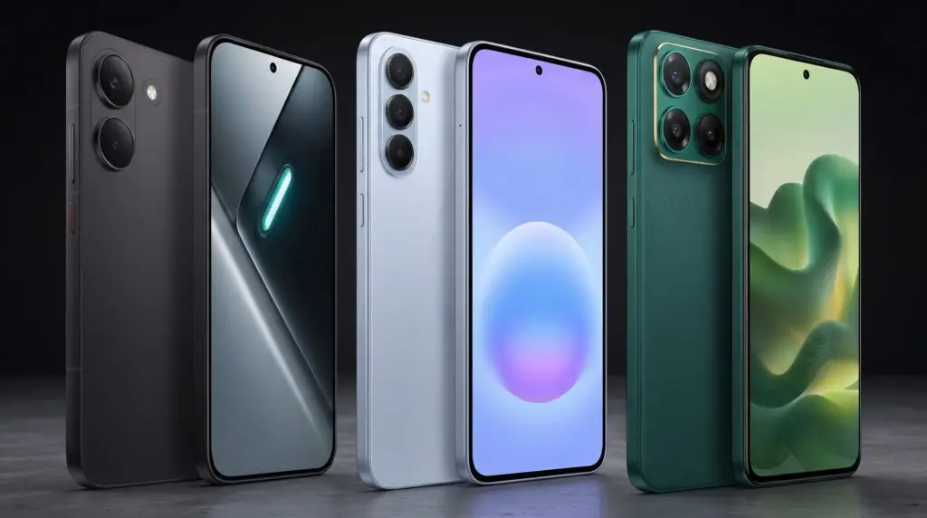 Três smartphones modernos lado a lado representando os melhores celulares custo-benefício de 2026