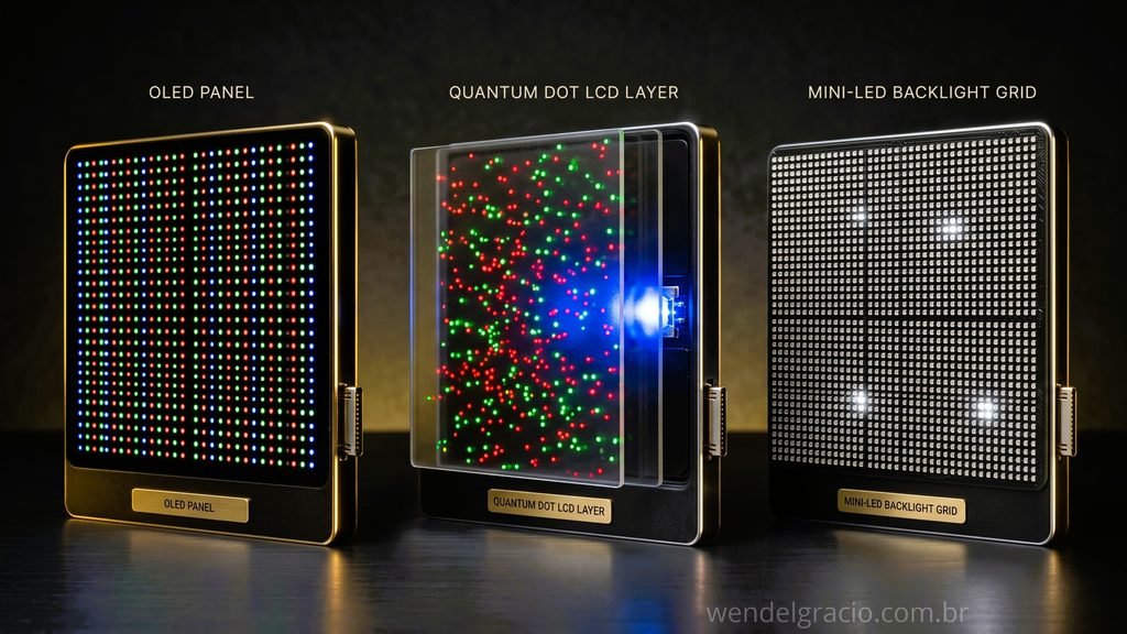 Comparação visual entre pixels OLED, camada de pontos quânticos e backlight Mini-LED
