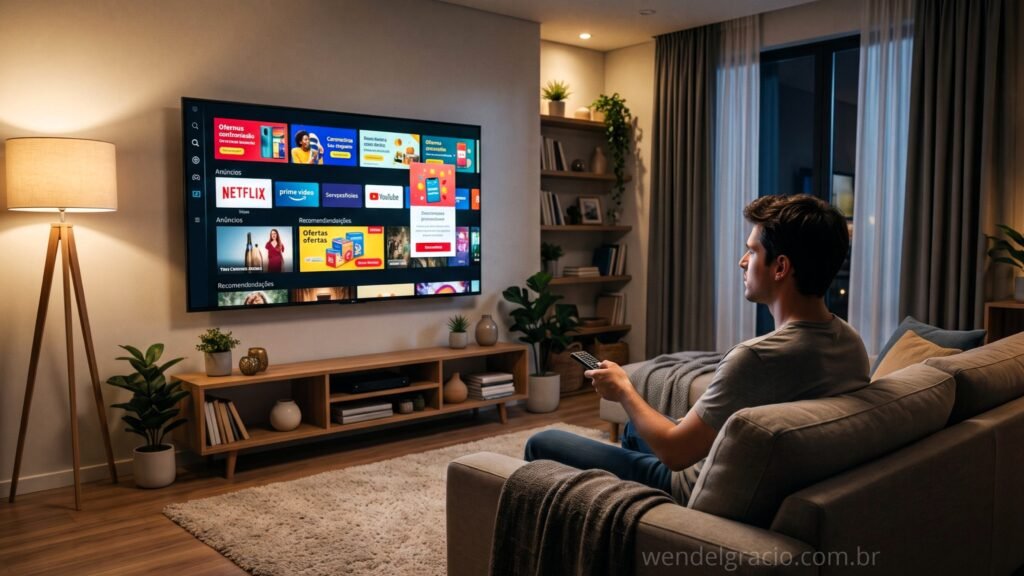 Smart TV com tela inicial cheia de banners de anúncios e aplicativos de fábrica