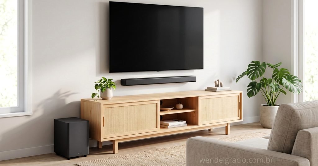 Soundbar com subwoofer sem fio instalada abaixo da TV em sala minimalista