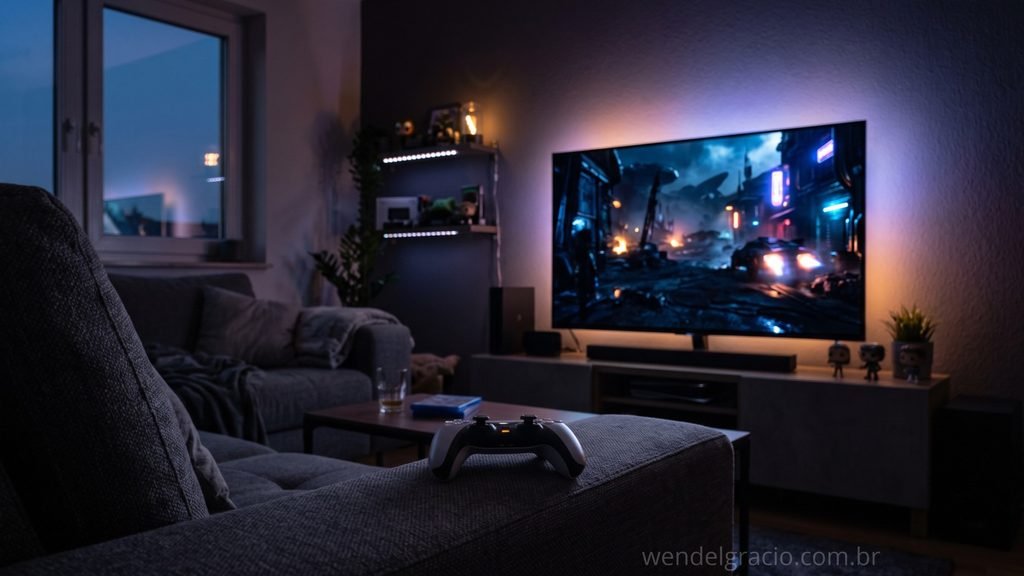 "TV em sala de jogos exibindo cena escura com alto contraste, ideal para OLED e Mini-LED"
