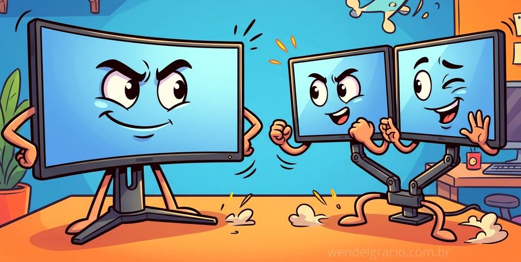 Ilustração bem-humorada de uma disputa entre o time do monitor ultrawide e o time dos dois monitores