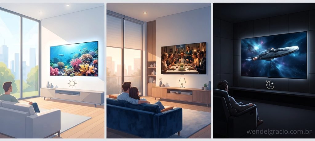 Três ambientes com TV gigante: sala clara, moderada e escura
