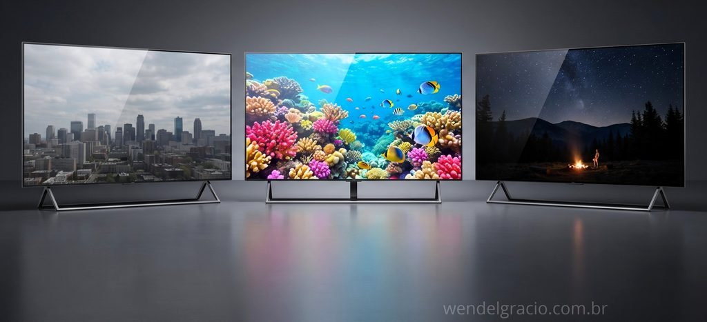 Três TVs de 85 polegadas comparando faixas de custo-benefício, intermediária e topo de linha
