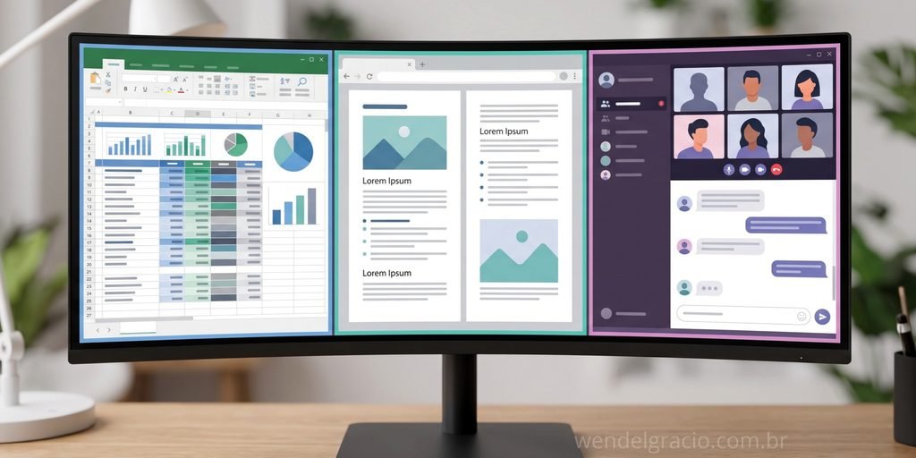 Monitor ultrawide com a tela dividida em três zonas de trabalho usando o FancyZones